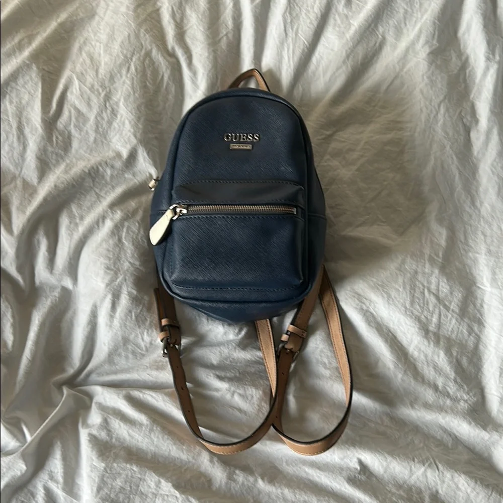 GUESS Dark Blue Backpack with Tan Straps - Picture 1 of 2